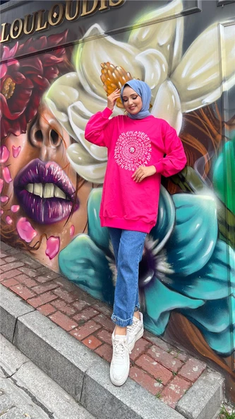 Papatya Taş Detaylı Nakış Baskılı Sweatshirt - (38-46) - 71143 - Fuşya - Resim 7