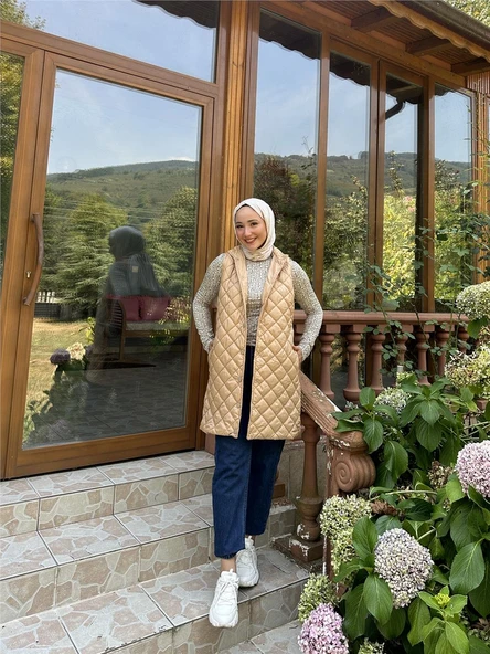 Despina Kapitone Fermuarlı Çıtçıtlı Kolsuz Yelek - (38-46) - 71150 - Bej - 1