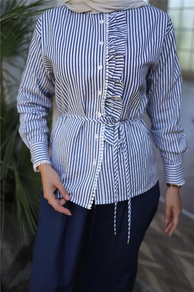 Belden Bağcıklı Fırfır Detalı Gömlek - Etek Takımı - (38-46) - 71303 - Lacivert - Resim 5