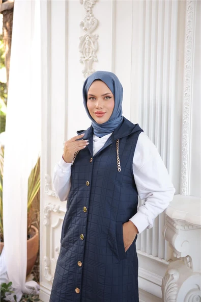 Kapşonlu Çıtçıtlı Kolsuz Cepli Uzun Kapitone Yelek - (38-46) - 71195 - Lacivert - 5