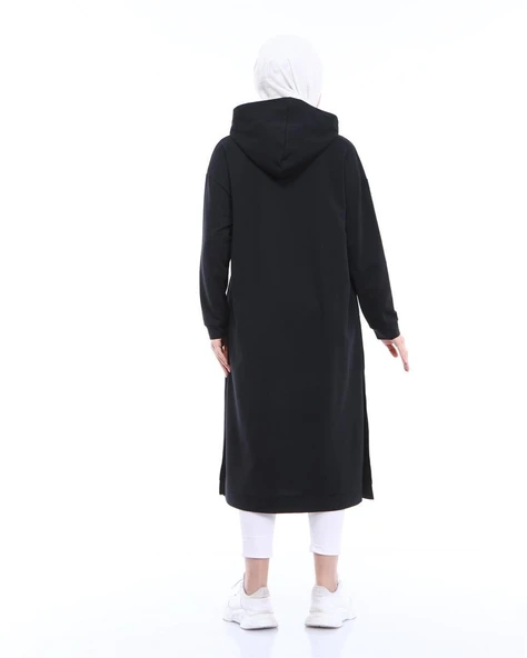 Atlas Kapşonlu Uzun Sade Basic Sweatshirt - 03007-1.003 - Siyah - Resim 6