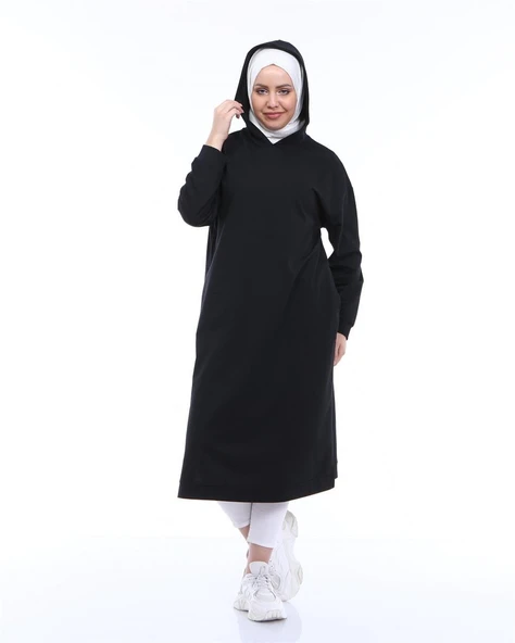 Atlas Kapşonlu Uzun Sade Basic Sweatshirt - 03007-1.003 - Siyah - Resim 7