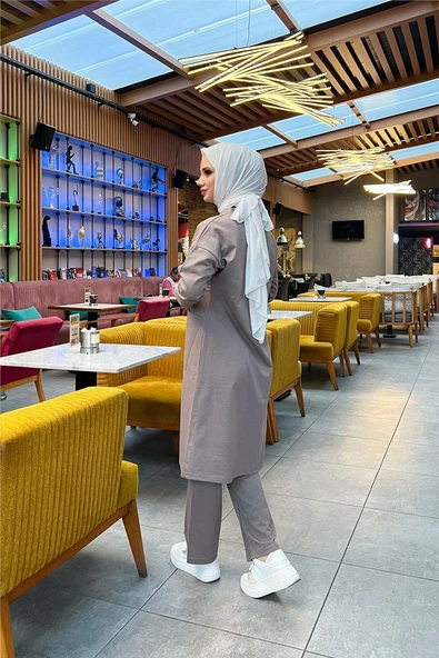 Önden İki Cepli Sade Basic Uzun Tunik Pantolon İkili Spor Takımı - 03067-1.016 - Vizon - Resim 6