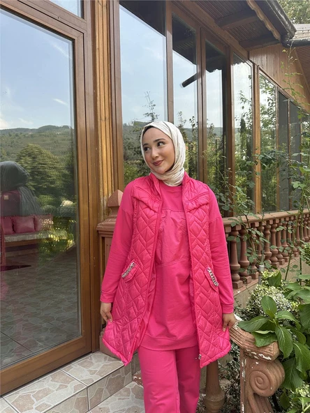 Dafne Cepli Eşofman Kolsuz Yelek Beli Lastikli Pantolon Üçlü Takım - (38-46) - 71149 - Fuşya - 2