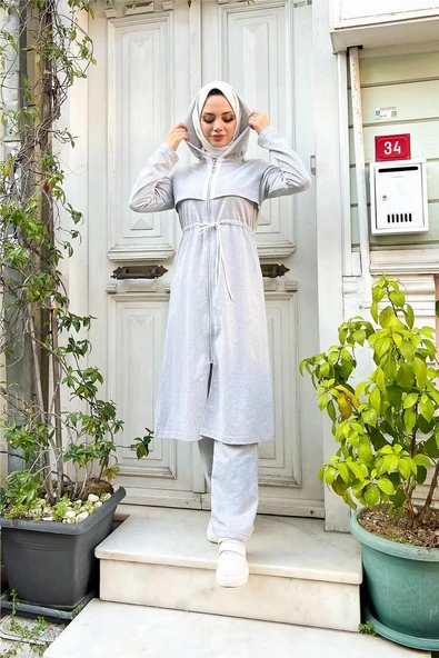 Kapşonlu Fermuarlı Belden Beyaz Bağcıklı Sade Basic İkili Spor Takımı - 03074-1.008 - Gri - Resim 9