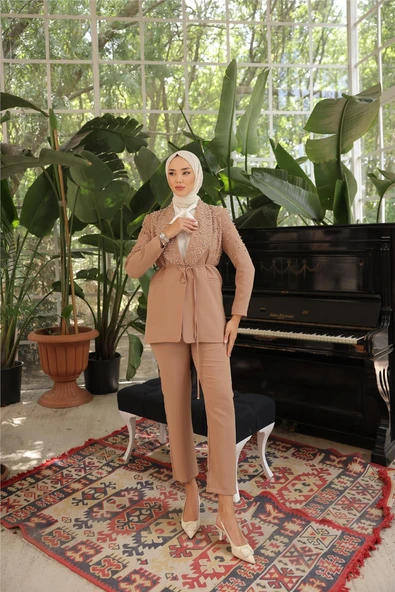 Belden Bağlamalı İncili Ceket Takımı - (38-46) - 71193 - Bej ürün görseli