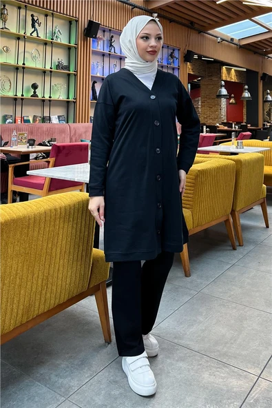 Düğmeli V Yakalı Sade Basic Eşofman Spor İkili Takım - 03051-1.003 - Siyah - Resim 2