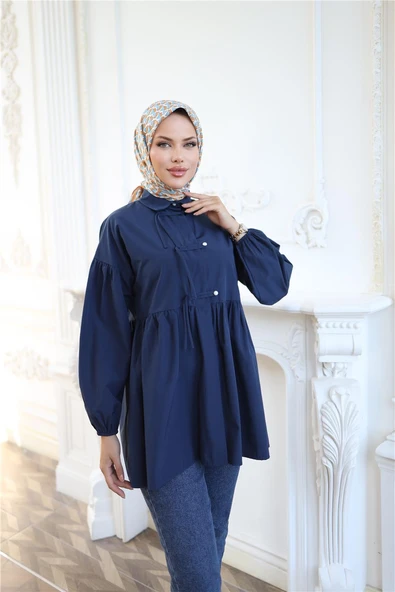 Kolları Lastikli Belden Büzgülü Bağcık Düğmeli Gömlek - (38-46) - 71302 - Lacivert - Resim 5
