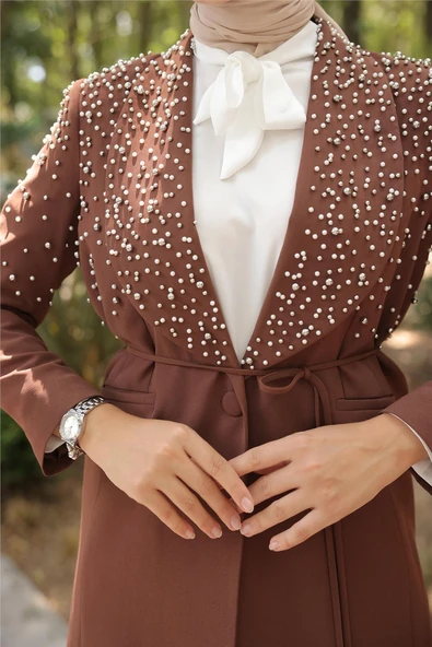 Belden Bağlamalı İncili Ceket Takımı - (38-46) - 71193 - Kahverengi - Resim 7