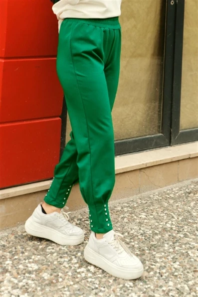 Zehmeri Taşlı ve Beli Lastikli Pantolon - (38-46) - 71101 - Koyu Yeşil - Resim 2