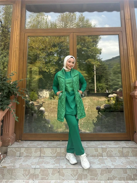 Dafne Cepli Eşofman Kolsuz Yelek Beli Lastikli Pantolon Üçlü Takım - (38-46) - 71149 - Koyu Yeşil - 1