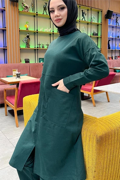 Önden İki Cepli Sade Basic Uzun Tunik Pantolon İkili Spor Takımı - 03067-1.021 - Nefti - Resim 7