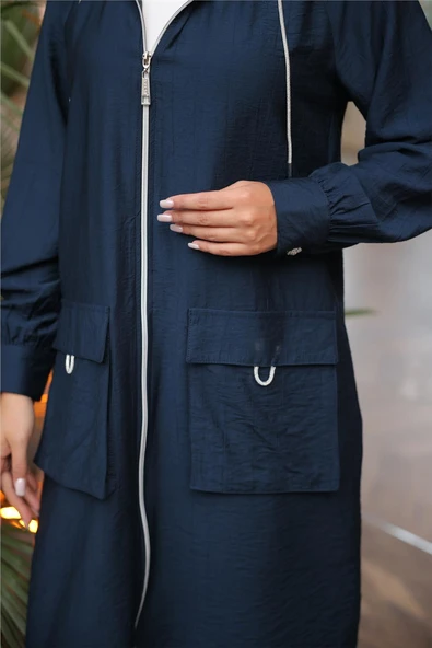 Kapşonlu Fermuarlı Çift Cepli Kap İkili Tesettür Eşofman Takımı - (38-46) - 71305 - Lacivert - Resim 5