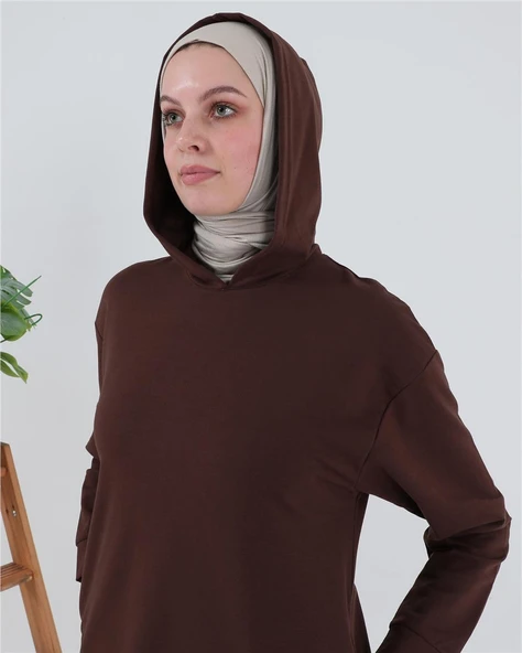 Atlas Kapşonlu Uzun Sade Basic Sweatshirt - 03007-1.020 - Mürdüm - 4