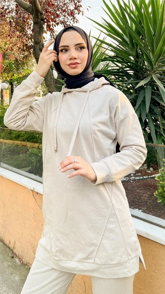 Kapşonlu O Yaka Sade Basic İkili Eşofman Spor Takımı - 03039-1.027 - Ekru - Resim 2