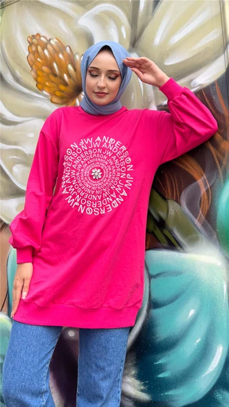 Papatya Taş Detaylı Nakış Baskılı Sweatshirt - (38-46) - 71143 - Fuşya - Resim 10