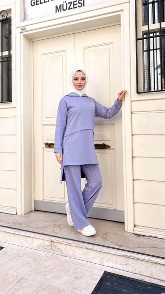 Kapşonlu Yırtmacı Bağcık Detaylı Pamuklu Tesettür Eşofman Takımı - (38-46) - 71168 - Lila - Resim 5