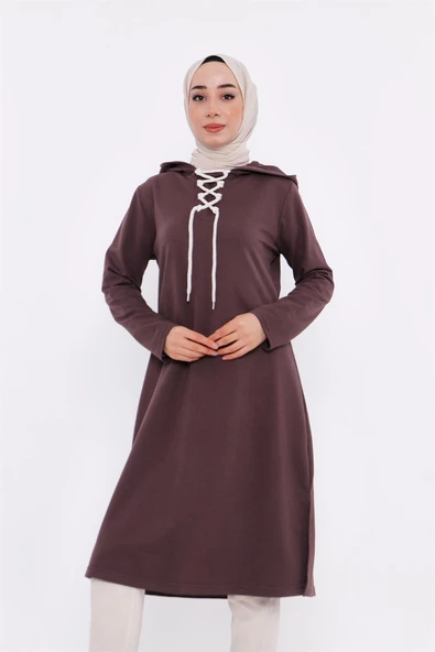 Eflin Yakadan Bağlamalı Kapşonlu Uzun Sweatshirt - 03030-1.028 - Kahverengi - Resim 4