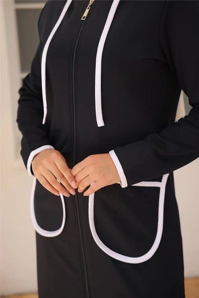 Kapşonlu Fermuarlı Cepli Uzun İkili Tesettür Eşofman Takımı - (38-46) - 71189 - Lacivert - Resim 5