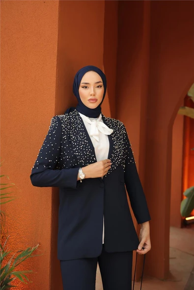 Belden Bağlamalı İncili Ceket Takımı - (38-46) - 71193 - Lacivert - Resim 4