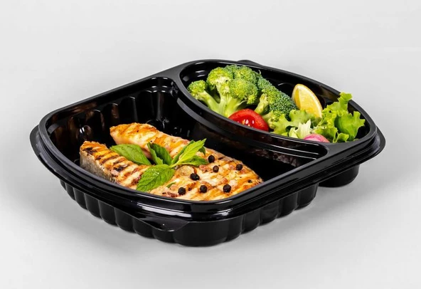 Şeffaf Kapaklı Sıcak Soğuk Isıya Dayanıklı Yemek Salata Kabı - 2 Bölmeli - 21x25 Cm. - 100 Adet - Resim 4