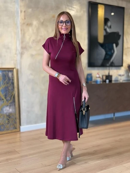 Kadın Kısa Kollu Yakadan Ve Etekten Fermuarlı Midi Viskon Iki Iplik Elbise - Resim 4