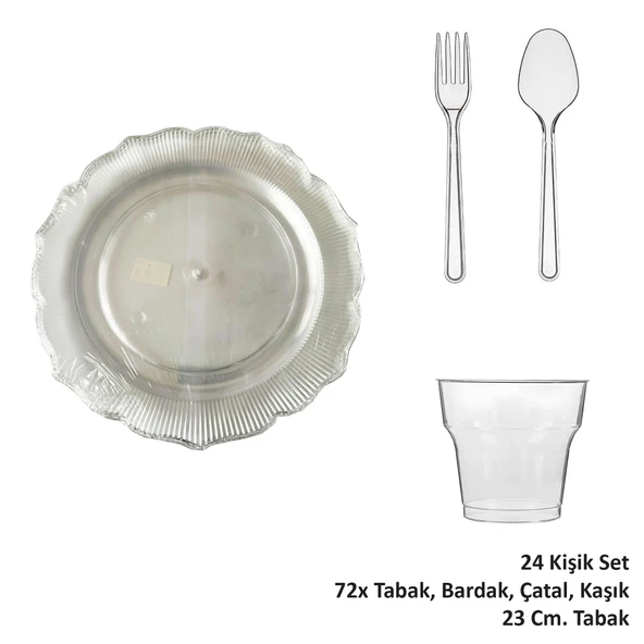 Omeyva 23 Cm. Plastik Mika Şeffaf Sorfa Piknik Seti - 72 Kişilik Tabak Bardak Çatal Kaşık Takımı - 2