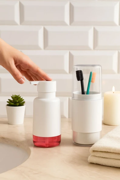 2'li Pratik Sıvı Sabunluk ve Diş Fırçalık Seti Beyaz - 5