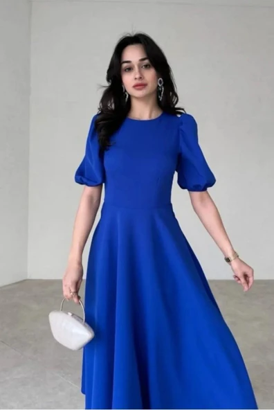 Kadın Kısa Balon Kollu Bisiklet Yaka Geniş Kesim Janjan Krep Elbise - Resim 3