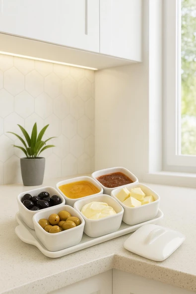 6'lı Tepsili Lüks Kahvaltılık Sosluk Reçellik ve Çerezlik Seti Takımı - Tepsili Kapaklı Lüks Kahvaltı Sunum Seti