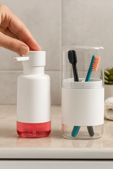 2'li Pratik Sıvı Sabunluk ve Diş Fırçalık Seti Beyaz - 3