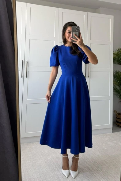 Kadın Kısa Balon Kollu Bisiklet Yaka Geniş Kesim Janjan Krep Elbise - Resim 7