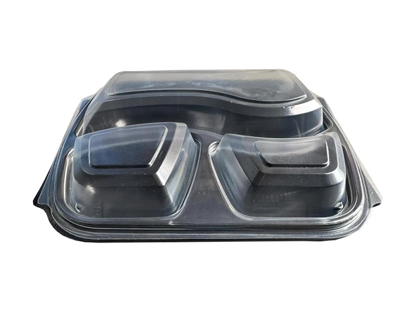 Şeffaf Kapaklı Sıcak Soğuk Isıya Dayanıklı Yemek Salata Kabı - 3 Bölmeli - 21x25 Cm. - 100 Adet ürün görseli 1