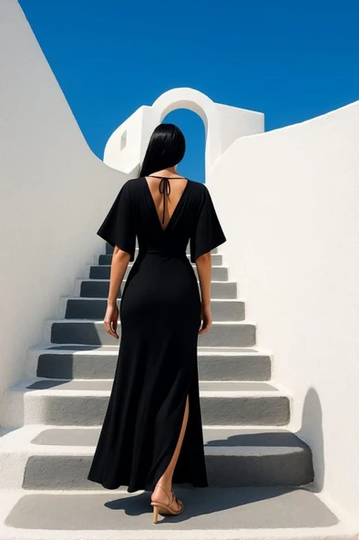 Kadın Sendy Kumaş Yırtmaç Detaylı V Yaka Elbise - Resim 2