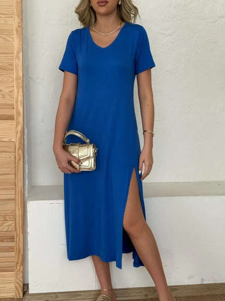 Kadın Kısa Kollu V Yaka Maxi Boy Elbise 124 Cm - Resim 5