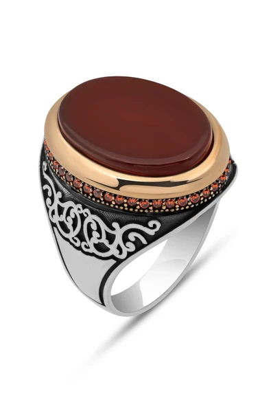 Oval Akik Taşlı 925 Erkek Gümüş Yüzük - 2