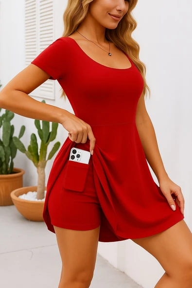 Kadın Kısa Kollu Kare Yaka Short Detaylı Cepli Dalgıç Elbise ürün görseli