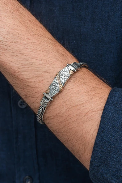 Yeni Tasarım Elişi 925 Ayar Gümüş Erkek Bileklik - Resim 5