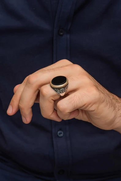 Oval Siyah Oniks Taşlı 925 Erkek Gümüş Yüzük - Resim 6