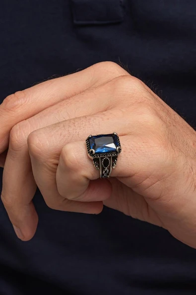Serçe Parmak Lacivert Taşlı 925 Erkek Gümüş Yüzük - Resim 3