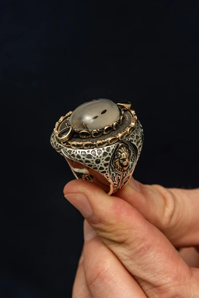 Yemen Taşlı Aslan Başı Motifli 925 Erkek Gümüş Yüzük - Resim 3