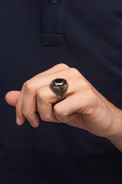 Oval Siyah Taşlı Yaprak Desen 925 Erkek Gümüş Yüzük - Resim 4