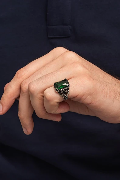Serçe Parmak Yeşil Taşlı 925 Erkek Gümüş Yüzük - Resim 5