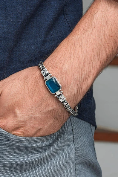 Mavi Taşlı 925 Ayar Gümüş Erkek Bileklik - 6