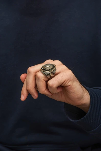 Yemen Taşlı Aslan Başı Motifli 925 Erkek Gümüş Yüzük - Resim 4