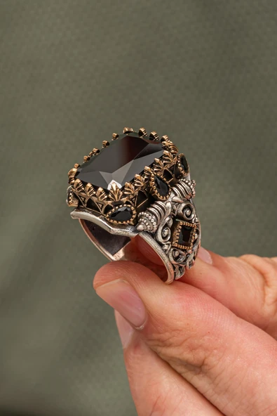 Siyah Zirkon Taşlı 925 Erkek Gümüş Yüzük - Resim 4