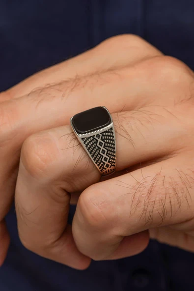 Kare Oniks Siyah Taşlı 925 Gümüş Erkek Yüzük ürün görseli