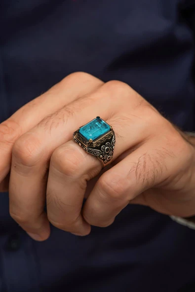 Mavi  Paraiba Taşlı Kare 925 Gümüş Erkek Yüzük - Resim 5