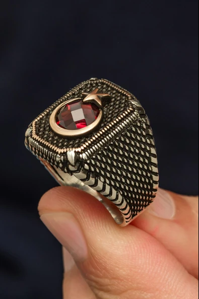 Ayyıldız Desenli Kırmızı Taşlı 925 Erkek Gümüş Yüzük - Resim 6