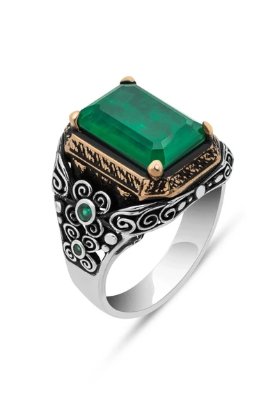 Yeşil Paraiba Taşlı Kare 925 Gümüş Erkek Yüzük - Resim 2